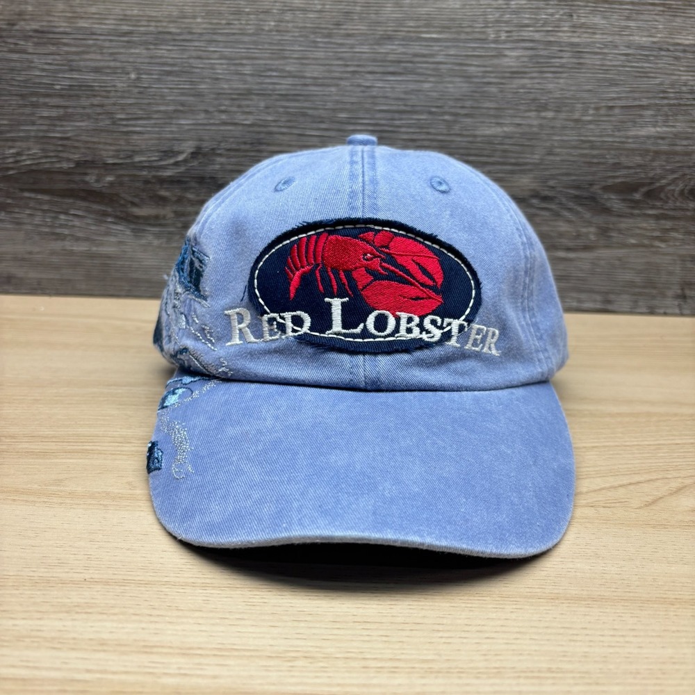 VINTAGE Red Lobster Hat Cap Strap Back Blue Lighthouse Embroidered Adams Men